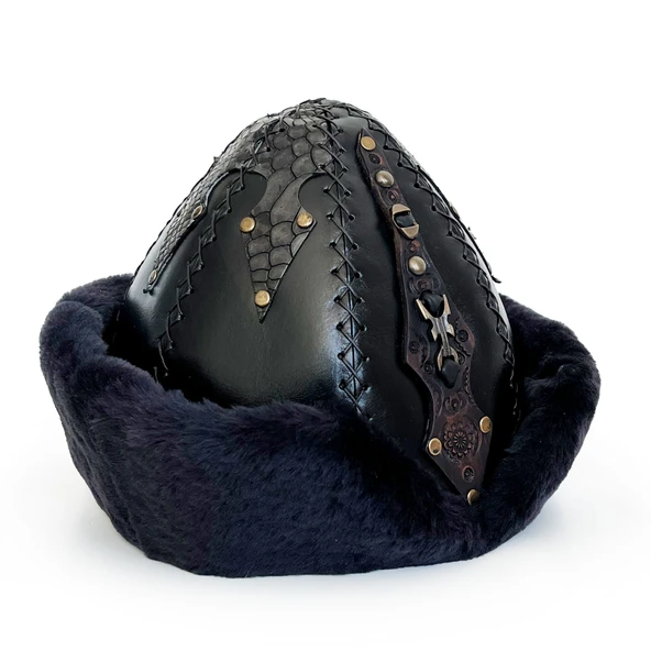 Shark Anatolia Ertuğrul Gazi Zımbalı Pirinç Broş Çapraz Dikiş Hakiki Deri Börk Şapka Siyah-60 - Resim 4