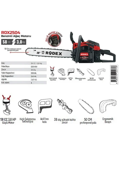Rodex Rdx2504 Benzinli Hızar Ağaç Kesme Motoru 50 cm 38 Diş - 3