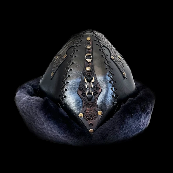 Shark Anatolia Ertuğrul Gazi Zımbalı Pirinç Broş Çapraz Dikiş Hakiki Deri Börk Şapka Siyah-60 ürün görseli