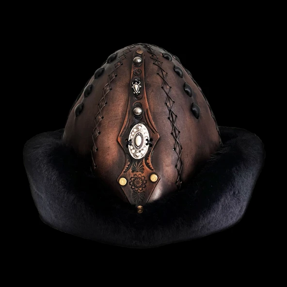 Shark Anatolia Ertuğrul Gazi Kabartma Desen Metal Broş Hakiki Deri Börk Şapka Kahve-Siyah-58