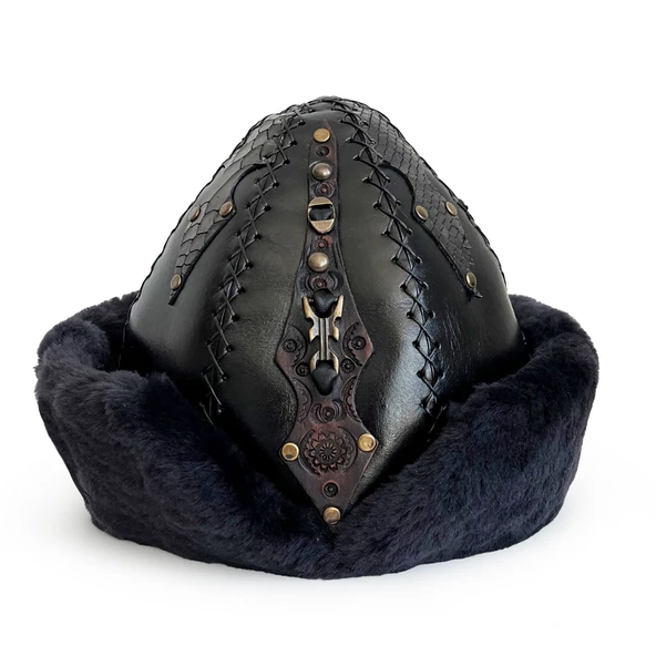 Shark Anatolia Ertuğrul Gazi Zımbalı Pirinç Broş Çapraz Dikiş Hakiki Deri Börk Şapka Siyah-60 - Resim 2