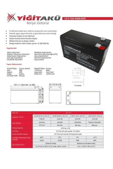 Yiğit 12 V 7 Ah Amper Kuru Agm Tip Akü Ups Güç Kaynağı Aküsü - 3