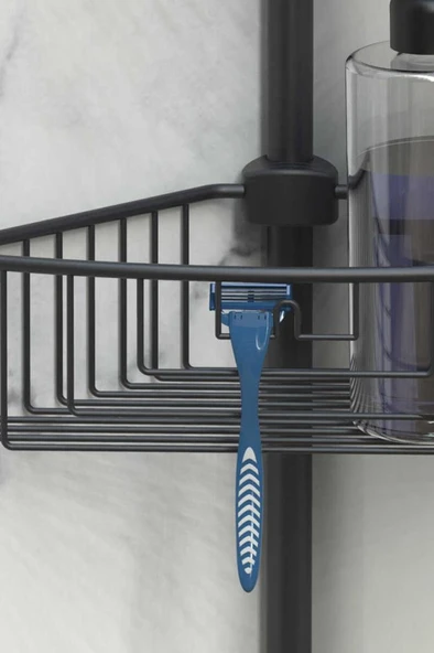 Primanova Yay Baskılı Kurulumu Kolay Üç Gözlü Alüminyum Yaylı Banyo Köşe Rafı Siyah-M-N29-06-3 - Resim 2