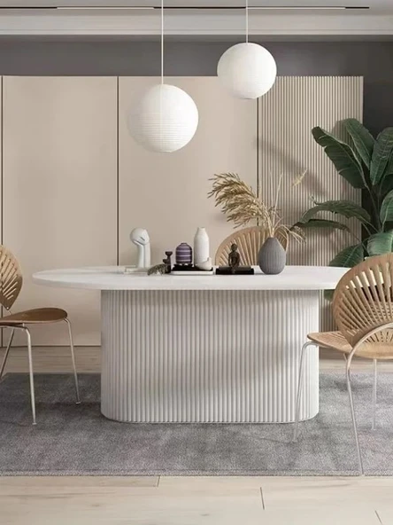 Luna Oval Beyaz Ahşap Bohem Masa 80x150 - Resim 6