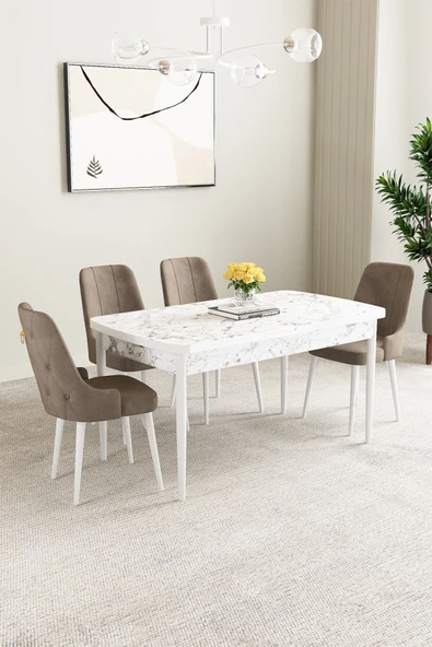 Mabel Beyaz Mermer Desen 80x132 Açılabilir Mdf Masa Yemek Odası Takımı,Mutfak Takımı 4 Adet Sandalye Cappucino - 1