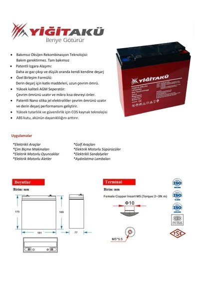 Yiğit Akü 12 V 24 Ah Jel Elektrikli Motosiklet Aküsü (5 Adet) - 2