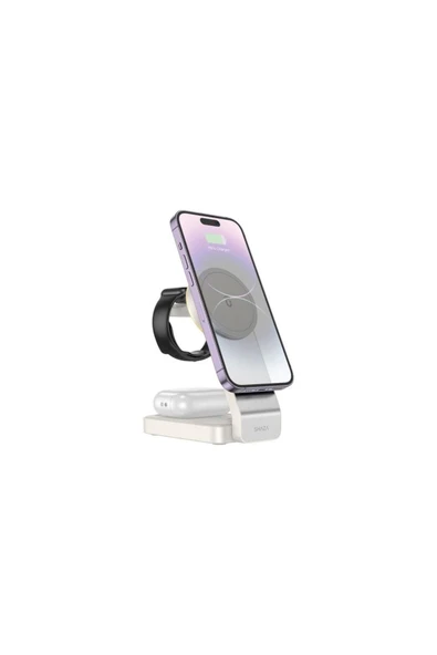 shaza 3in1 Katlanabilir Kablosuz Hızlı Masa Şarj Standı Beyaz - 3
