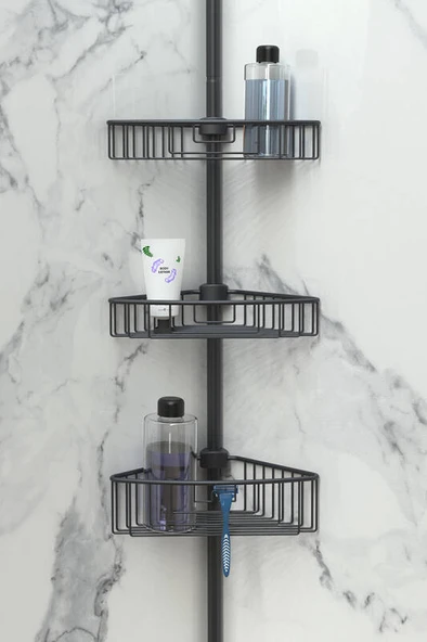 Primanova Yay Baskılı Kurulumu Kolay Üç Gözlü Alüminyum Yaylı Banyo Köşe Rafı Siyah-M-N29-06-3 ürün görseli 1