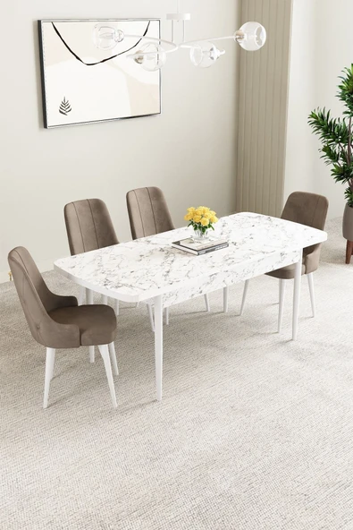 Mabel Beyaz Mermer Desen 80x132 Açılabilir Mdf Masa Yemek Odası Takımı,Mutfak Takımı 4 Adet Sandalye Cappucino - 2