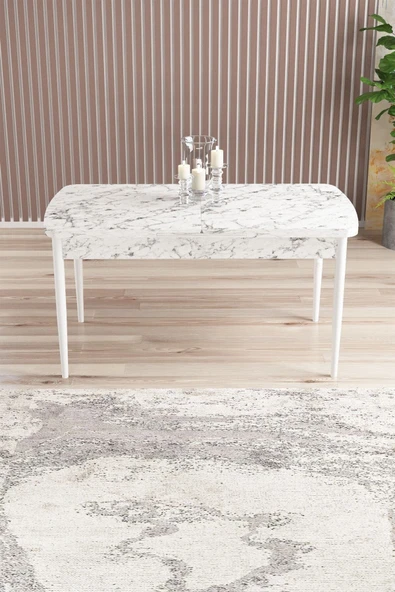 Mabel Beyaz Mermer 80x132 Açılabilir Mdf Masa Yemek Odası Takımı,Mutfak Takımı 4 Sandalye, 1 Bench Cappucino - 4