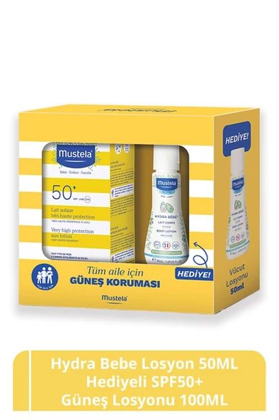 Mustela Hydra Bebe Losyon 50ml Hediyeli SPF 50+ Güneş Koruyucu Tüm Cilt Tipleri Bebek Çocuk Yetişkin 100ml