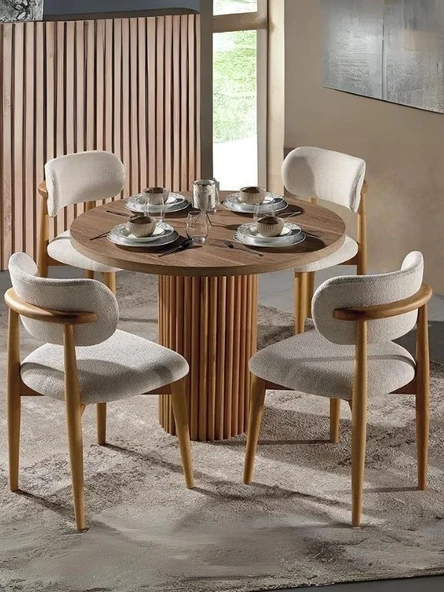 Boho İskandinav Natural Ahşap Masa Sandalye Takımı 90x90 - 9