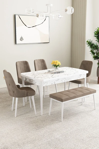 Mabel Beyaz Mermer 80x132 Açılabilir Mdf Masa Yemek Odası Takımı,Mutfak Takımı 4 Sandalye, 1 Bench Cappucino - 1