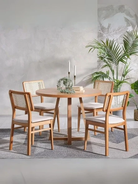 Posedion Natural Ahşap Masa Sandalye Takımı 110x110 ürün görseli