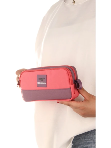 Relaxion Pembe İki Gözlü Krinkıl Kumaş Kalem Çantası Kalemlik (173) - Resim 2