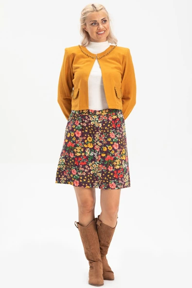 Hande Pazen Kısa Sonbahar ve Kışlık Etek Bahar Desen Mor Mor - Resim 4