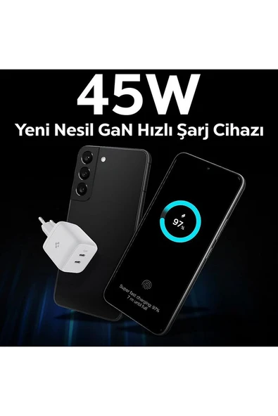 45W GaN USB-C 2 Port Mini Adaptör Samsung PPS 2.0 Destekli Hızlı Şarj Type-C PE2105 White - ACH03717 - 3