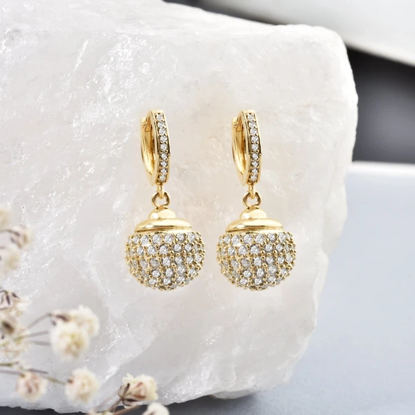 14 Ayar Altın Kaplama Taşlı Disko Top Sallantılı Gümüş Küpe - ES00251 ürün görseli 1