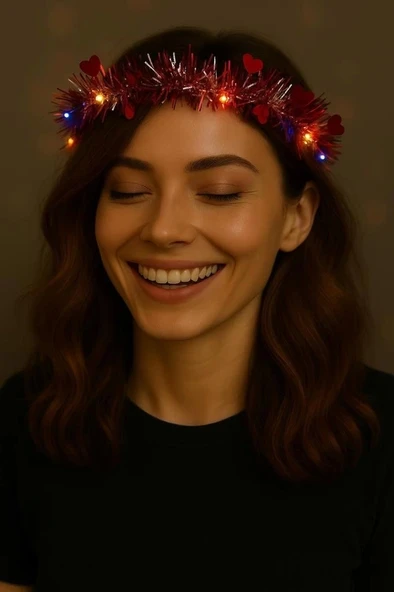 CEYLAN ADAM   Kalp Püsküllü Gece Parıltısı 3 Modlu LED'li Işıklı Taç Kırmızı Renk ürün görseli