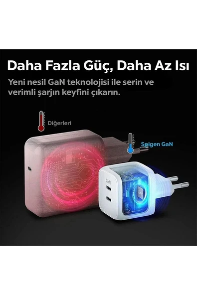 45W GaN USB-C 2 Port Mini Adaptör Samsung PPS 2.0 Destekli Hızlı Şarj Type-C PE2105 White - ACH03717 - 5