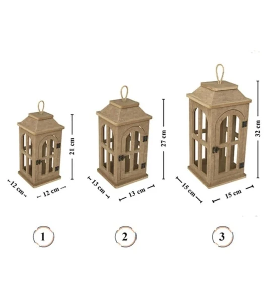 Ahşap Mdf Boyanabilir Dekoratif Fener Şamdan Mumluk( 3' Lü Set )