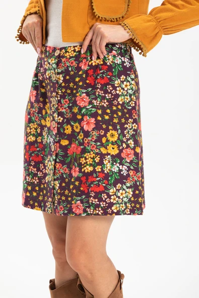 Hande Pazen Kısa Sonbahar ve Kışlık Etek Bahar Desen Mor Mor - Resim 3