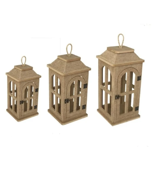 Ahşap Mdf Boyanabilir Dekoratif Fener Şamdan Mumluk( 3' Lü Set ) - 2
