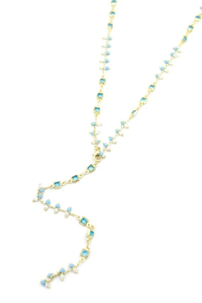 Mavi Taşlı Y Kolye - Altın ürün görseli 1