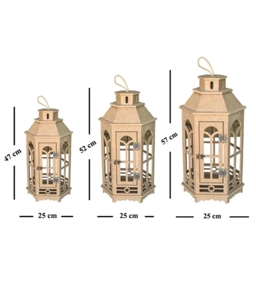 Ahşap Boyanabilir MDF Altıgen Ayaklı Dekoratif Fener, Şamdan , Mumluk 3 lü Set