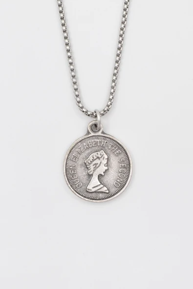 Kraliçe Elizabeth II (Genç Portre) Örme Zincir Kolye - Antik Gümüş Kaplama - Kadın Erkek - 60 cm ürün görseli 1