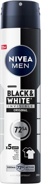 NIVEA MEN Erkek Sprey Deodorant Black&White Invisible Original 200ml, 72 Saat Anti-Perspirant Ter Koruması