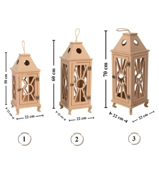 Ahşap Mdf Boyanabilir Dekoratif Fener Şamdan Mumluk( 3' Lü Set )