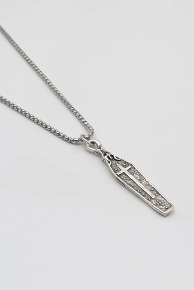 Gotik Haçlı Tabut Örme Zincir Kolye - Antik Gümüş Kaplama - Kadın Erkek - 60 cm - Resim 2