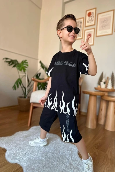 Yeni Sezon Alev Desenli Siyah Renk Erkek Çocuk Şortlu Takım - 2