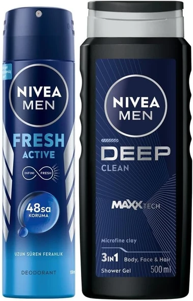 NIVEA MEN Erkek Deep Dimension Duş Jeli 500ml ve Sprey Deodorant Fresh Active150ml, Damat Bohça Çeyiz Seti ürün görseli