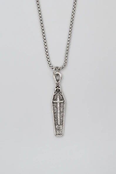 Gotik Haçlı Tabut Örme Zincir Kolye - Antik Gümüş Kaplama - Kadın Erkek - 60 cm ürün görseli 1