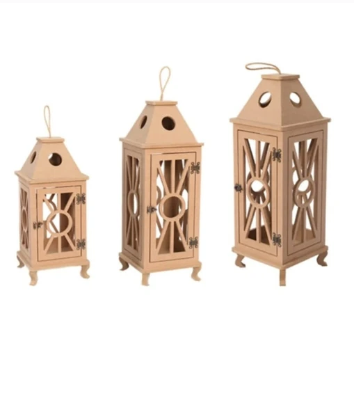 Ahşap Mdf Boyanabilir Dekoratif Fener Şamdan Mumluk( 3' Lü Set ) - 2