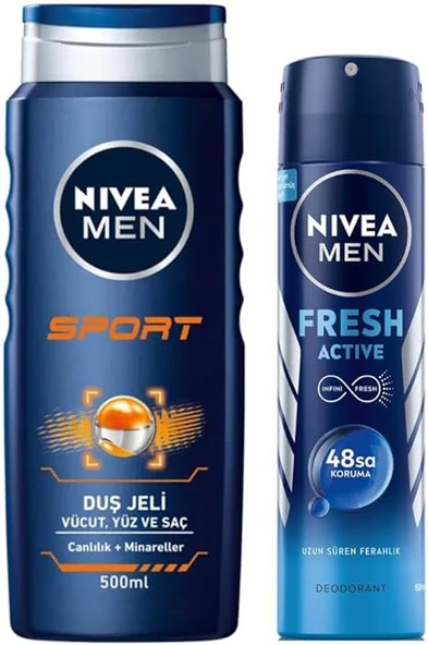 NIVEA Men Erkek Sprey Deodorant Fresh Active 48 Saat Deodorant Koruması 150ml ve NIVEA Men Sports Duş Jeli 3ü 1 Arada Kullanım,Vücut, Yüz ve Saç, 24 Saat Ferahlık 500 ml ürün görseli