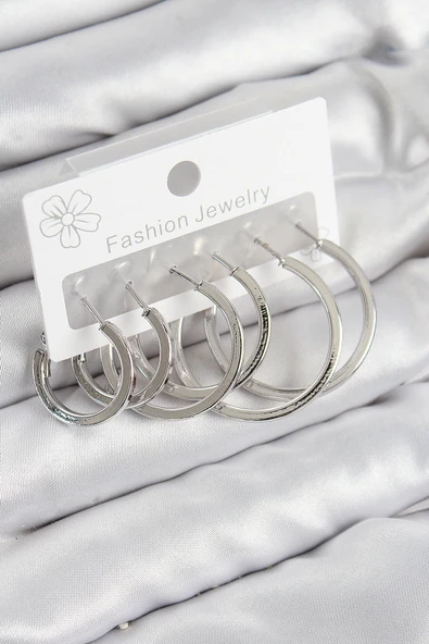 Pirinç Halka Model Gümüş Renk Kadın Set Küpe