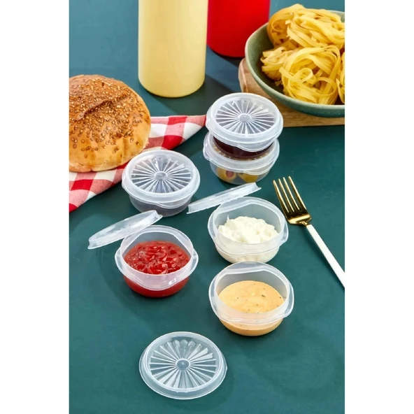 6 lı Yelpaze Kapaklı Şeffaf Mini Sosluk- Ketçap Mayonez Kabı- Kahve Yanı Şeker Lokumluk - 5