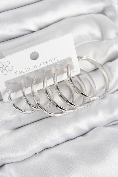 Pirinç Halka Model Gümüş Renk Kadın Set Küpe