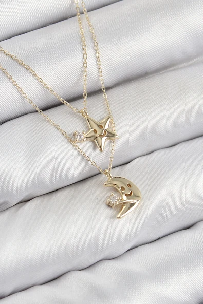 Pirinç Zirkon Taşlı Yıldız Ve Ay Model Gold Renk Kadın Kolye ürün görseli 1