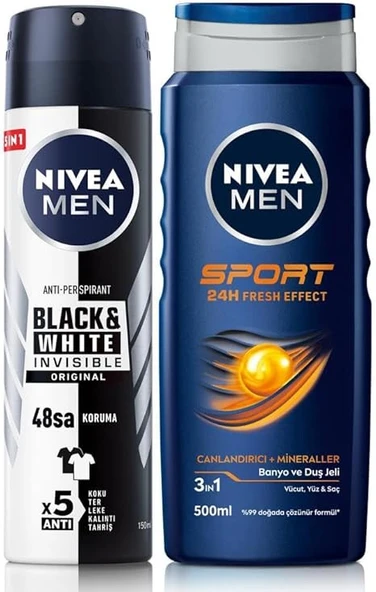 NIVEA MEN Erkek Sprey Deodorant Black&White Invisible Original ve MEN Sport Erkek Duş Jeli 500ml ürün görseli