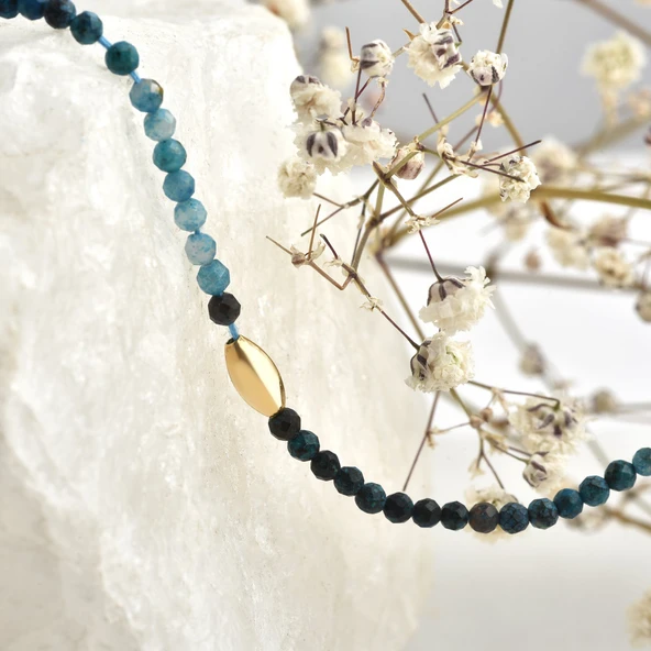 14 Ayar Altın Kaplama Doğal Taş Azurit 2,5 mm Fasetli Boncuklu Gümüş Kolye - NGS00107