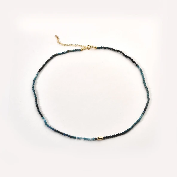 14 Ayar Altın Kaplama Doğal Taş Azurit 2,5 mm Fasetli Boncuklu Gümüş Kolye - NGS00107 - 6