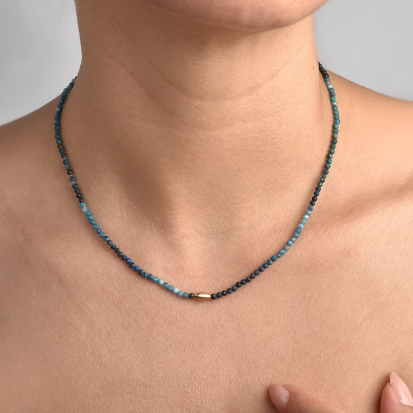 14 Ayar Altın Kaplama Doğal Taş Azurit 2,5 mm Fasetli Boncuklu Gümüş Kolye - NGS00107 - 3