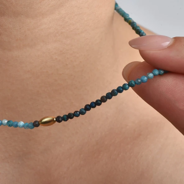 14 Ayar Altın Kaplama Doğal Taş Azurit 2,5 mm Fasetli Boncuklu Gümüş Kolye - NGS00107 - 2