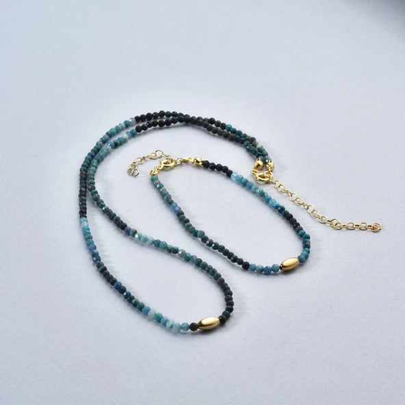 14 Ayar Altın Kaplama Doğal Taş Azurit 2,5 mm Fasetli Boncuklu Gümüş Kolye - NGS00107 - 4