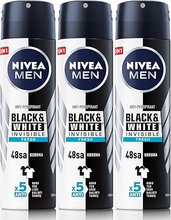 NIVEA MEN Erkek Sprey Deodorant Black&White Invisible Fresh, Ter ve Ter Kokusuna Karşı 48 Saat Anti-perspirant Koruma 150ml x3 Adet ürün görseli