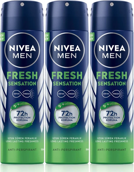 NIVEA MEN Erkek Sprey Deodorant Fresh Sensation 150 Ml X3Adet,Ter ve Ter Kokusuna Karşı72 Saat Anti-perspirant Koruma, Uzun Süren Ferahlık ürün görseli 1